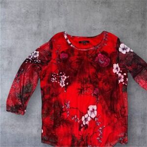 Calessa Top Shirt Sheer Blouse Sz‎ 1X Stretch 3/4 Sleeve Red Artsy Valentines
